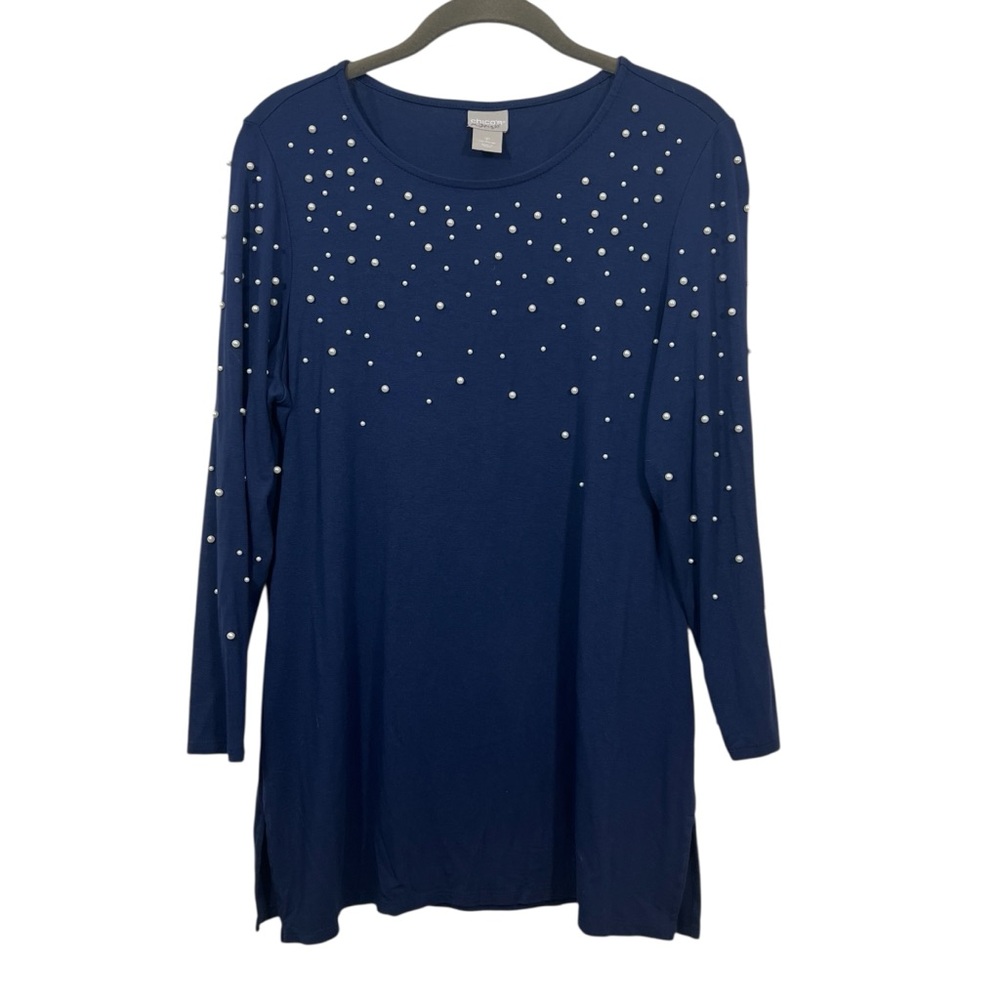 Chico's Women's Top Sz 1P/Med Navy Blue with Pearl Accents Long Sleeve